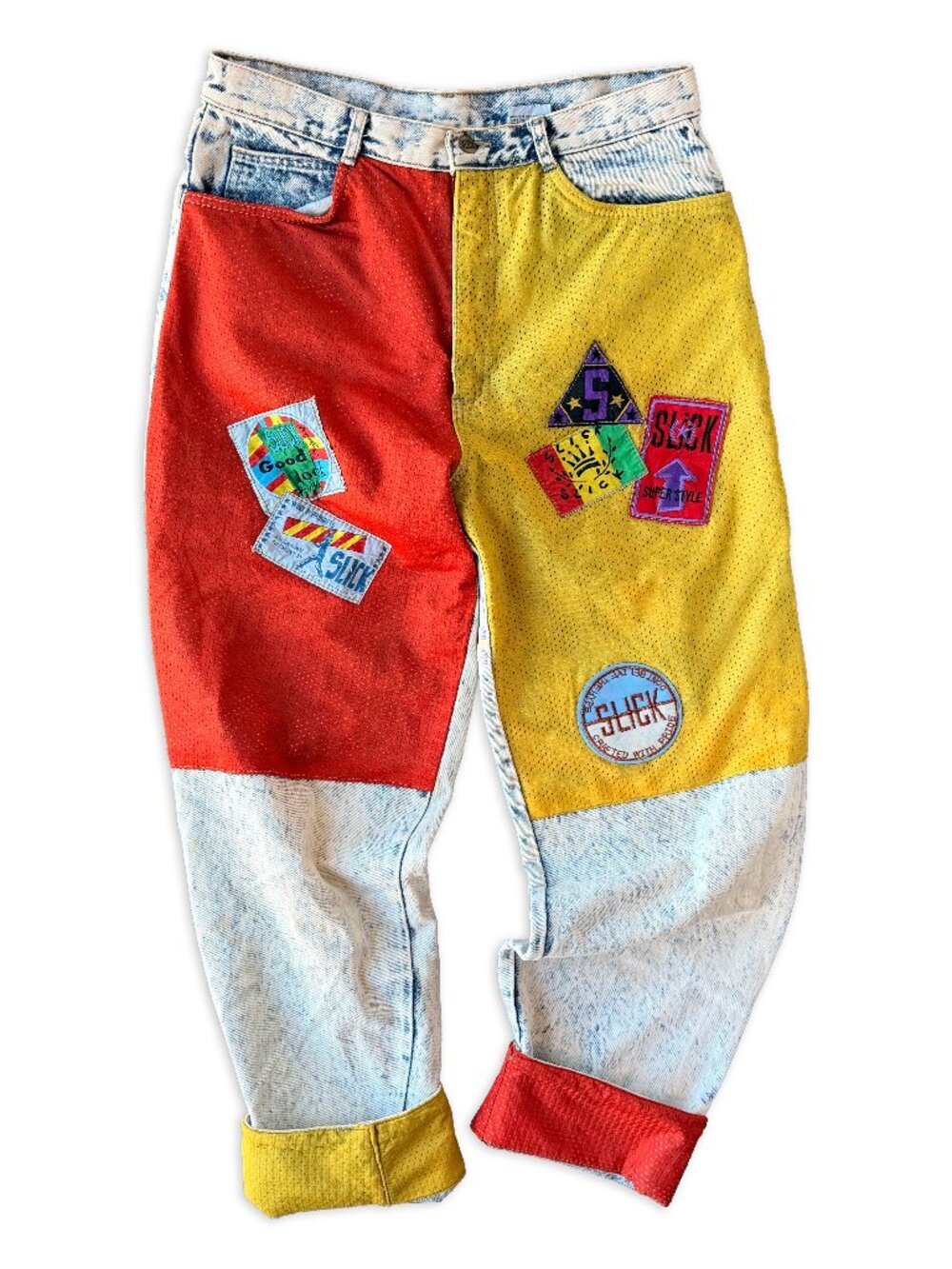 Slick Production Acid Wash Patch Jeans - 34 Rare Vintage 90s